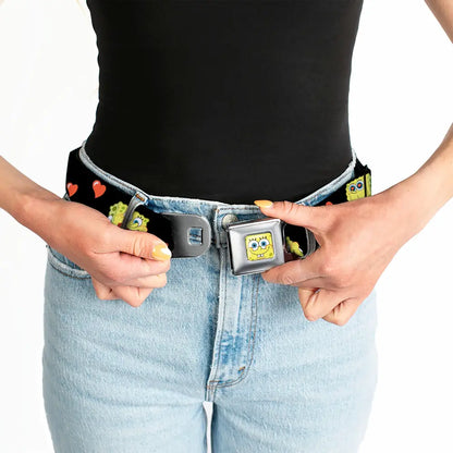 Sponge Bob Face CLOSE-UP Full Color Seatbelt Belt - SpongeBob Love Eyes/Hearts Black/Red Webbing Seatbelt Belts