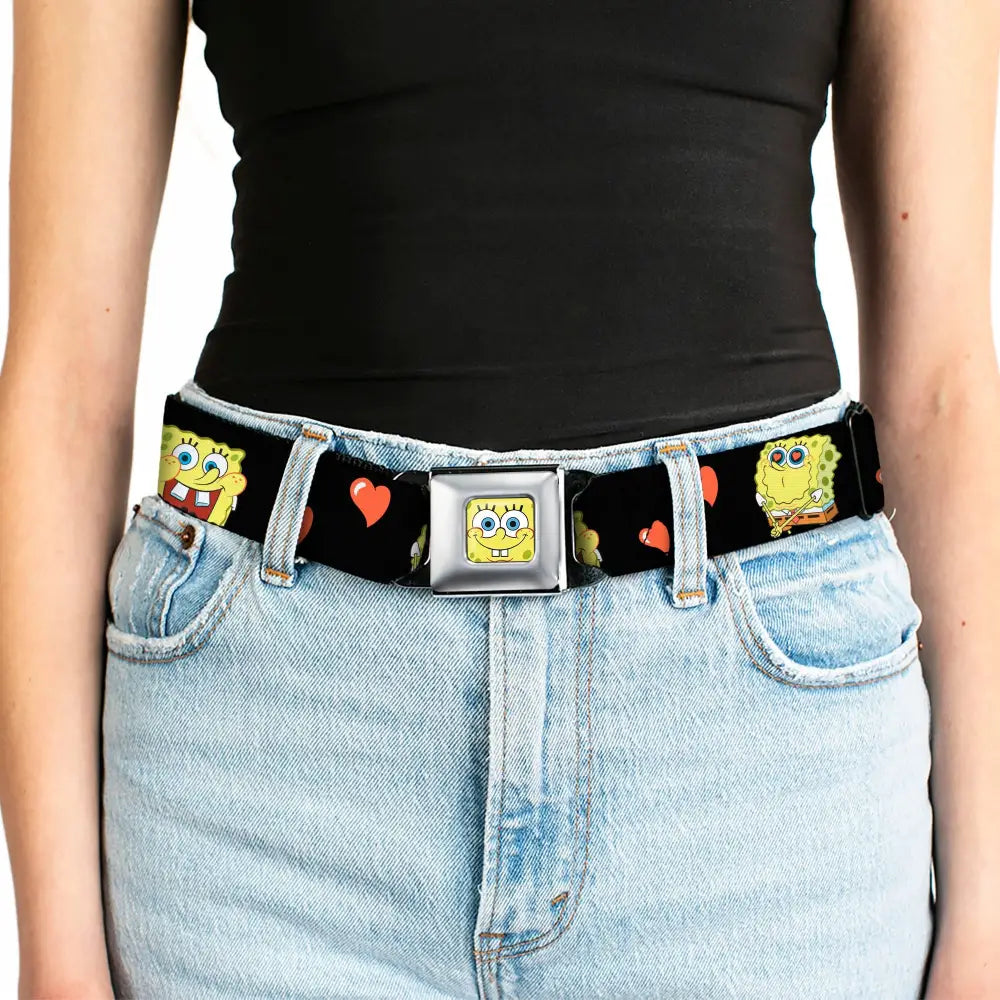 Sponge Bob Face CLOSE-UP Full Color Seatbelt Belt - SpongeBob Love Eyes/Hearts Black/Red Webbing Seatbelt Belts