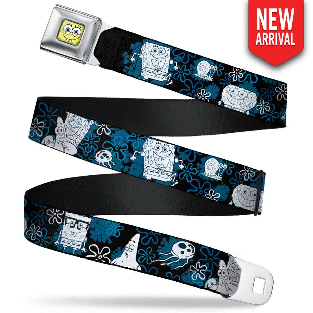 Sponge Bob Face CLOSE-UP Full Color Seatbelt Belt - SpongeBob Patrick Starfish & Gary the Snail/Flowers