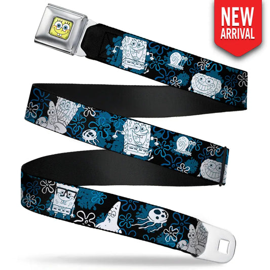 Sponge Bob Face CLOSE-UP Full Color Seatbelt Belt - SpongeBob Patrick Starfish & Gary the Snail/Flowers