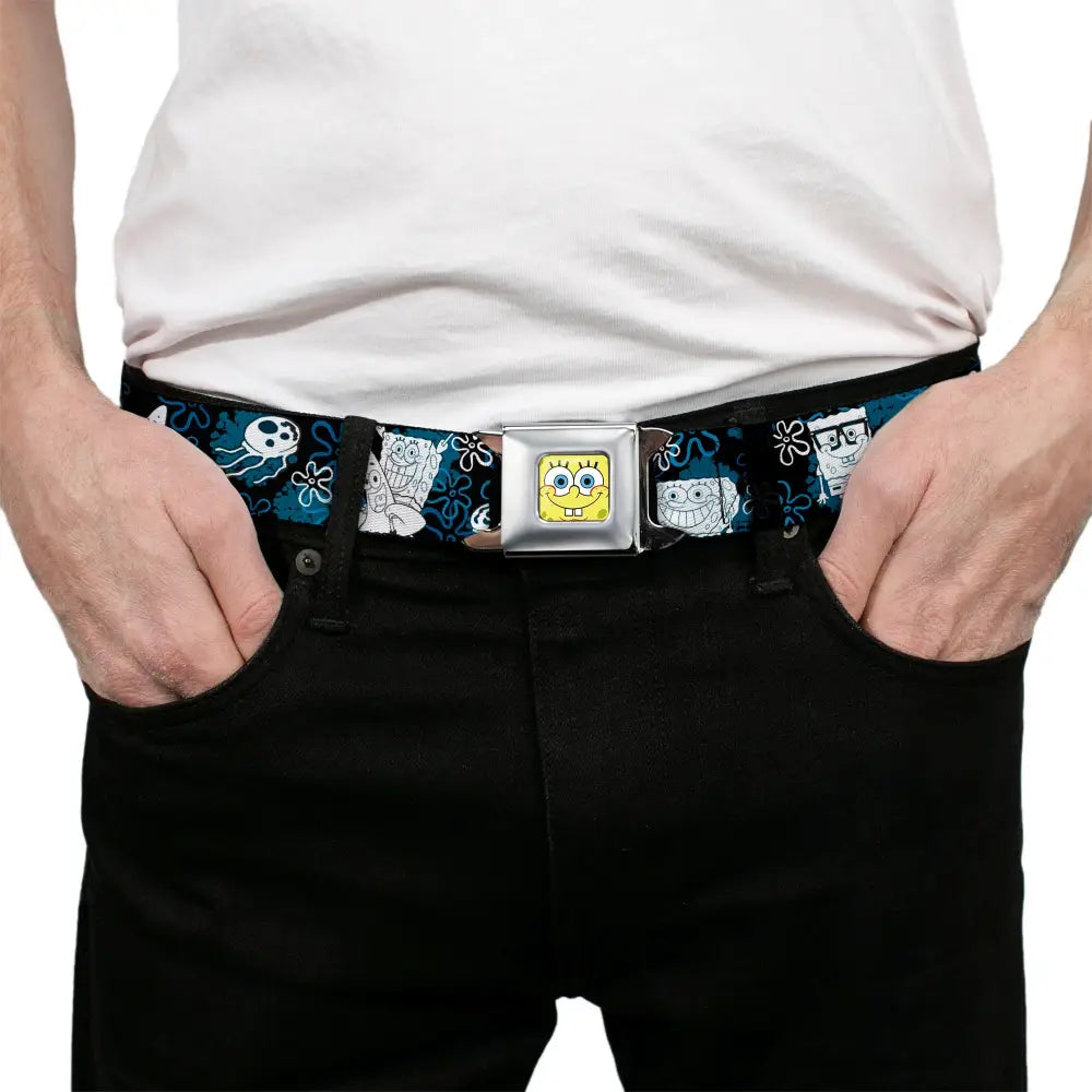 Sponge Bob Face CLOSE-UP Full Color Seatbelt Belt - SpongeBob Patrick Starfish & Gary the Snail/Flowers