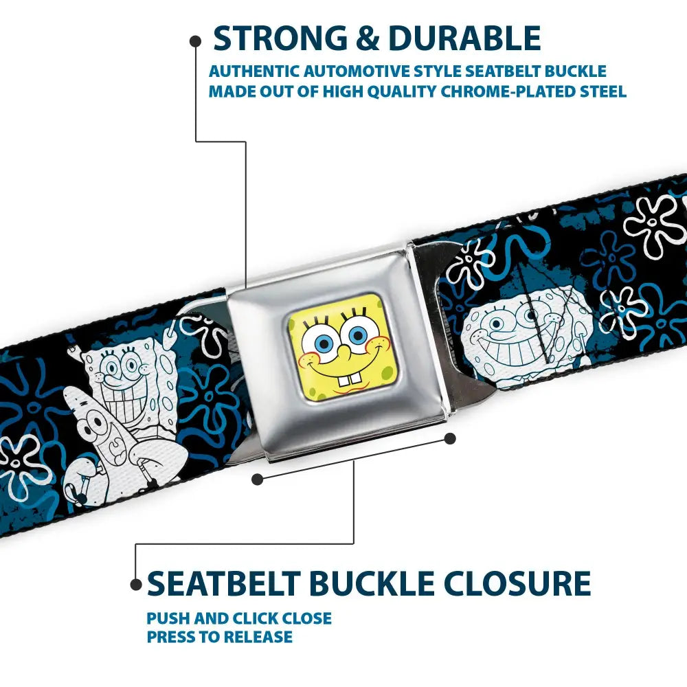 Sponge Bob Face CLOSE-UP Full Color Seatbelt Belt - SpongeBob Patrick Starfish & Gary the Snail/Flowers