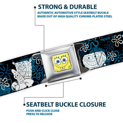 Sponge Bob Face CLOSE-UP Full Color Seatbelt Belt - SpongeBob Patrick Starfish & Gary the Snail/Flowers