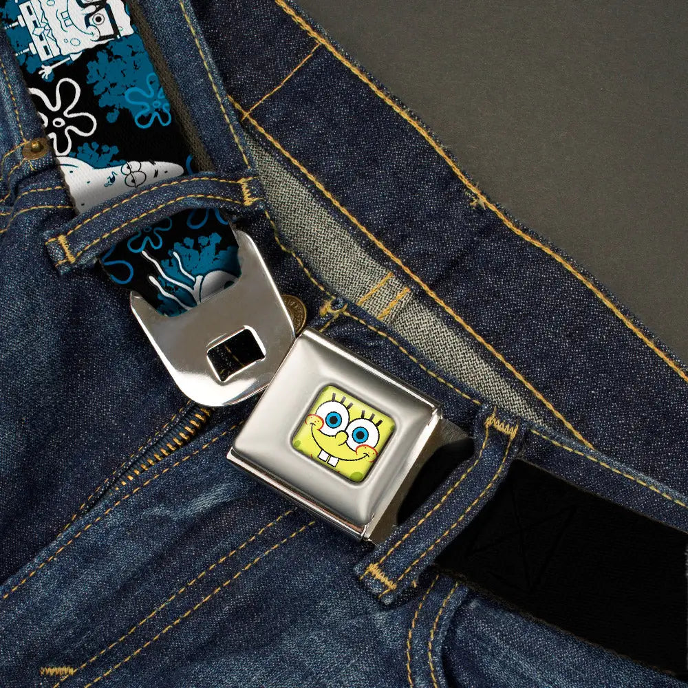 Sponge Bob Face CLOSE-UP Full Color Seatbelt Belt - SpongeBob Patrick Starfish & Gary the Snail/Flowers