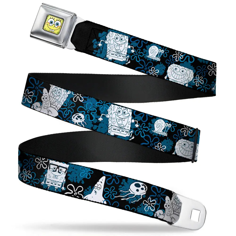 Sponge Bob Face CLOSE-UP Full Color Seatbelt Belt - SpongeBob Patrick Starfish & Gary the Snail/Flowers