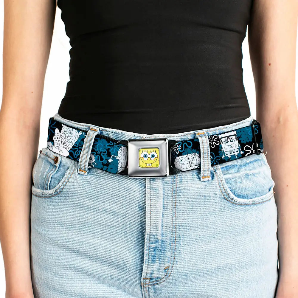 Sponge Bob Face CLOSE-UP Full Color Seatbelt Belt - SpongeBob Patrick Starfish & Gary the Snail/Flowers