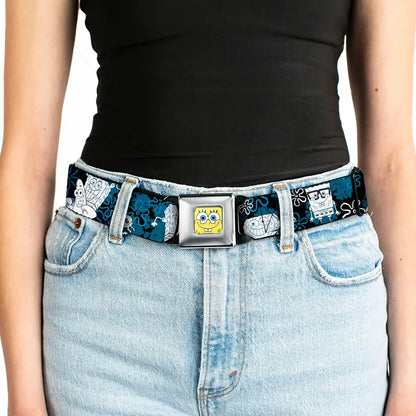 Sponge Bob Face CLOSE-UP Full Color Seatbelt Belt - SpongeBob Patrick Starfish & Gary the Snail/Flowers