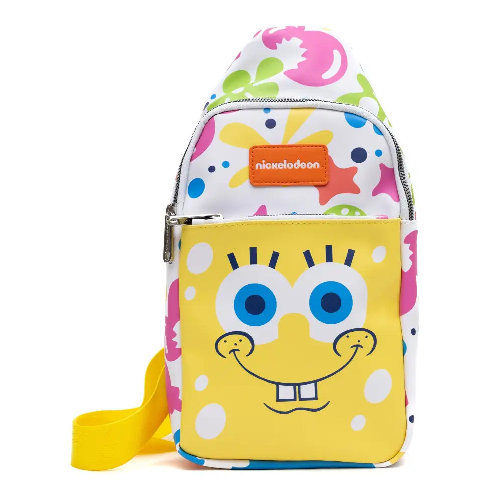 Nickelodeon Vegan Leather Crossbody Sling Bag SpongeBob SquarePants Smiling Character Close Up and Icons 7’’ x 14’’