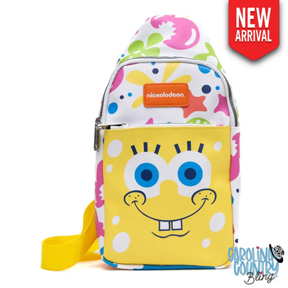 Nickelodeon Vegan Leather Crossbody Sling Bag SpongeBob SquarePants Smiling Character Close Up and Icons 7’’ x 14’’