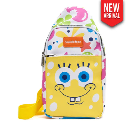 Nickelodeon Vegan Leather Crossbody Sling Bag SpongeBob SquarePants Smiling Character Close Up and Icons 7’’ x 14’’