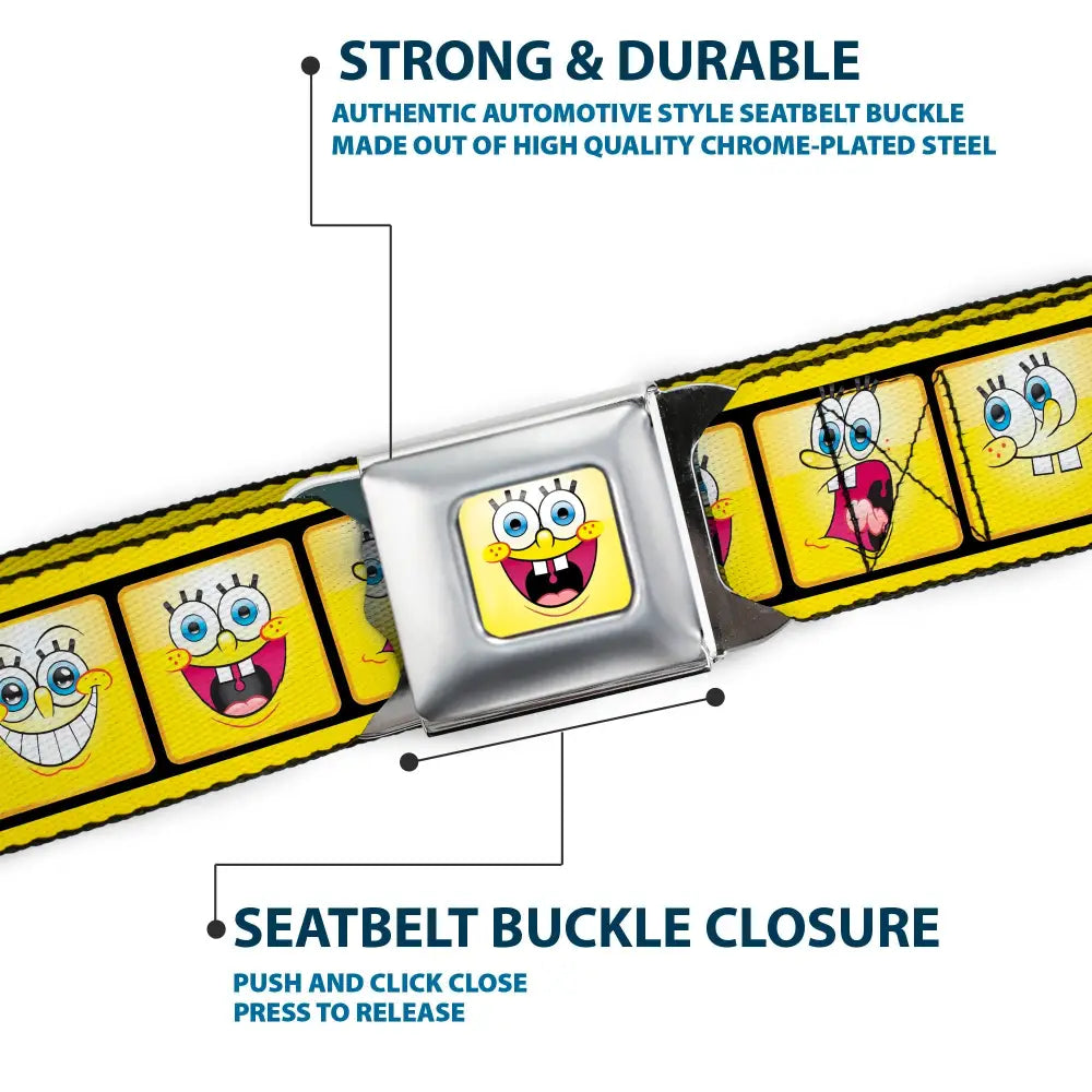 SpongeBob Open Mouth Smile Full Color Seatbelt Belt - SpongeBob 10-Expressions Filmstrip Yellows/Black/White Webbing
