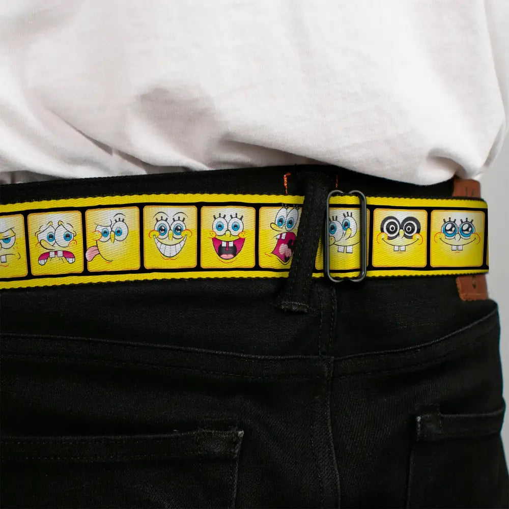 SpongeBob Open Mouth Smile Full Color Seatbelt Belt - SpongeBob 10-Expressions Filmstrip Yellows/Black/White Webbing