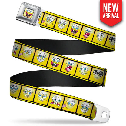 SpongeBob Open Mouth Smile Full Color Seatbelt Belt - SpongeBob 10-Expressions Filmstrip Yellows/Black/White Webbing