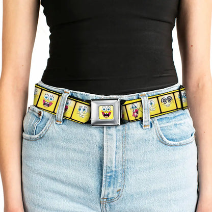 SpongeBob Open Mouth Smile Full Color Seatbelt Belt - SpongeBob 10-Expressions Filmstrip Yellows/Black/White Webbing