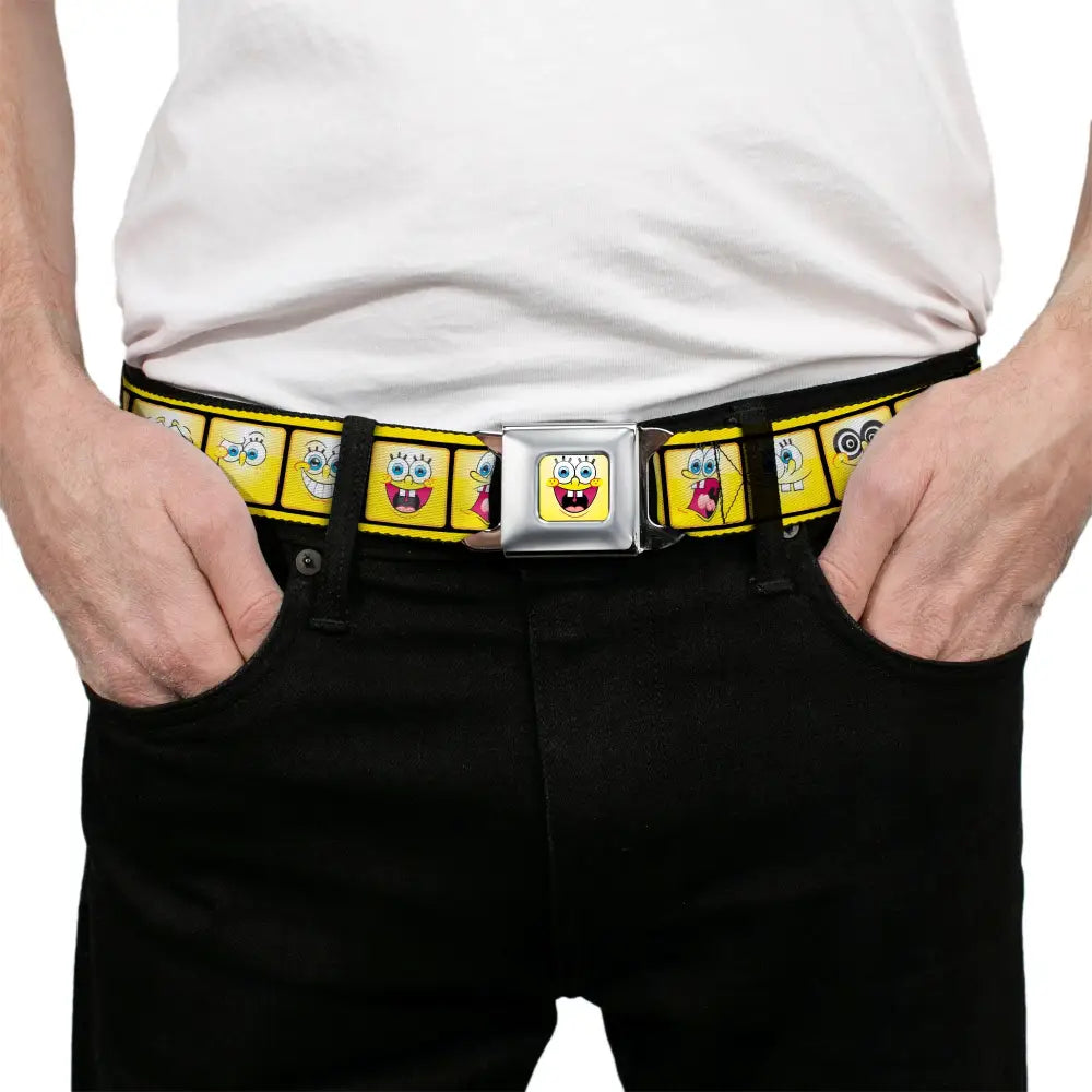 SpongeBob Open Mouth Smile Full Color Seatbelt Belt - SpongeBob 10-Expressions Filmstrip Yellows/Black/White Webbing