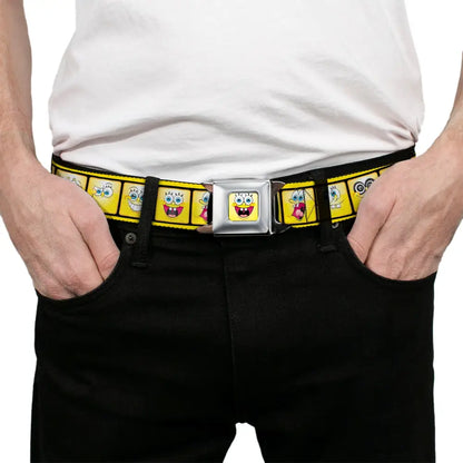 SpongeBob Open Mouth Smile Full Color Seatbelt Belt - SpongeBob 10-Expressions Filmstrip Yellows/Black/White Webbing