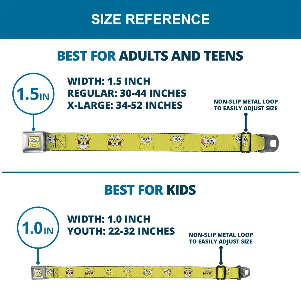 SpongeBob Face CLOSE-UP Full Color Seatbelt Belt - SpongeBob Expressions Yellow Webbing Seatbelt Belts