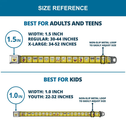 SpongeBob Open Mouth Smile Full Color Seatbelt Belt - SpongeBob 10-Expressions Filmstrip Yellows/Black/White Webbing