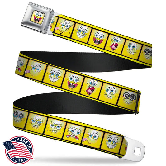 SpongeBob Open Mouth Smile Full Color Seatbelt Belt - SpongeBob 10-Expressions Filmstrip Yellows/Black/White Webbing