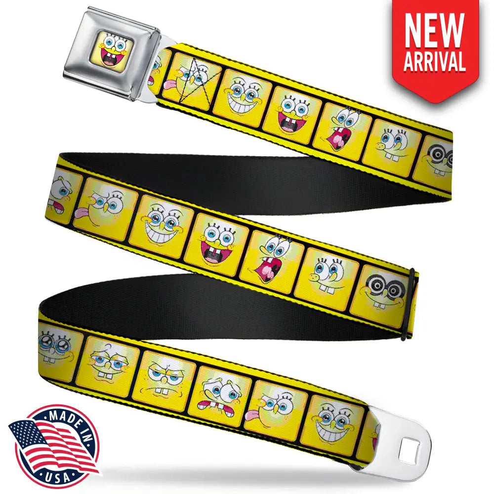 SpongeBob Open Mouth Smile Full Color Seatbelt Belt - SpongeBob 10-Expressions Filmstrip Yellows/Black/White Webbing