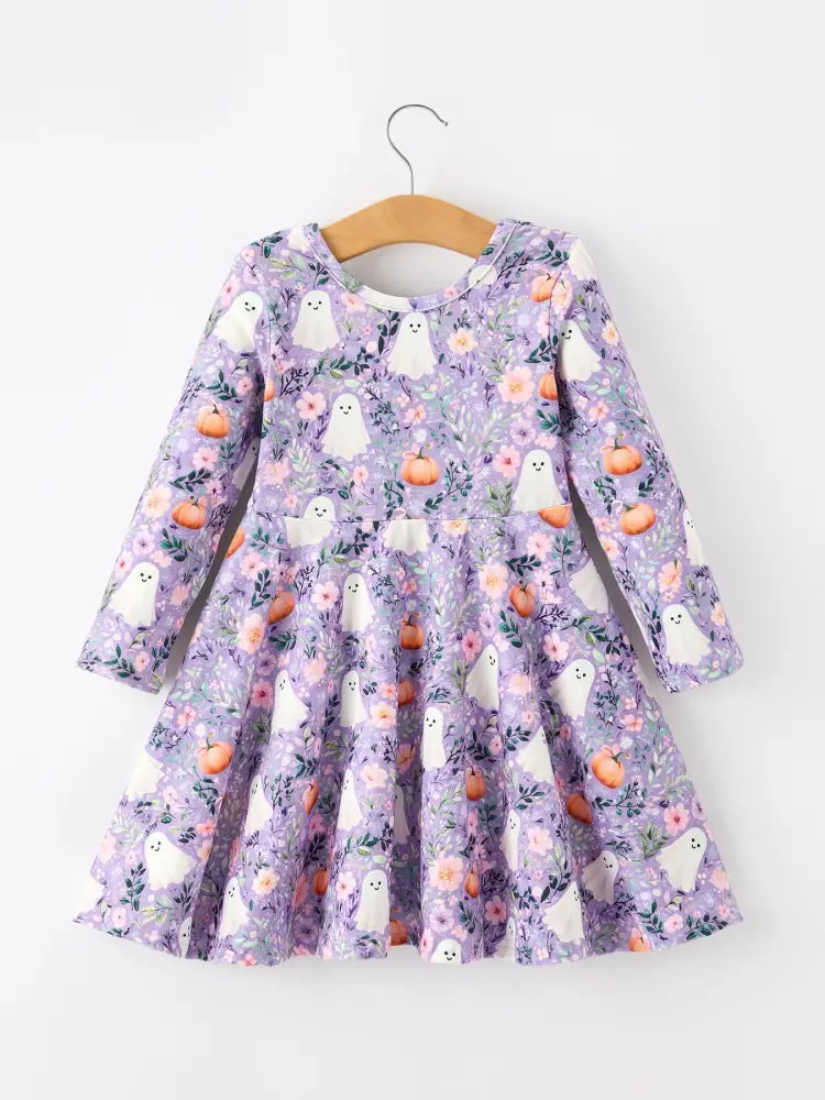 Halloween Ghost Pumpkin Girls Long Sleeve Twirl Dress - Dress