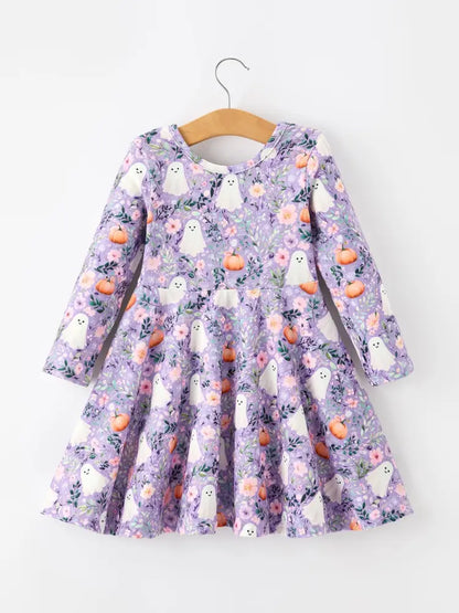 Halloween Ghost Pumpkin Girls Long Sleeve Twirl Dress - Dress