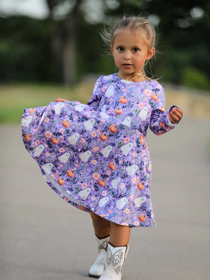 Halloween Ghost Pumpkin Girls Long Sleeve Twirl Dress - Dress