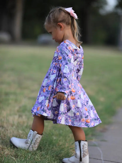 Halloween Ghost Pumpkin Girls Long Sleeve Twirl Dress - Dress
