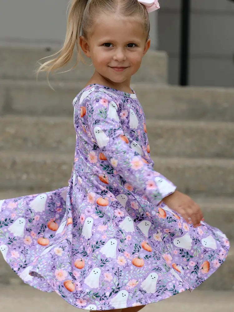 Halloween Ghost Pumpkin Girls Long Sleeve Twirl Dress - Dress