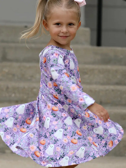 Halloween Ghost Pumpkin Girls Long Sleeve Twirl Dress - Dress