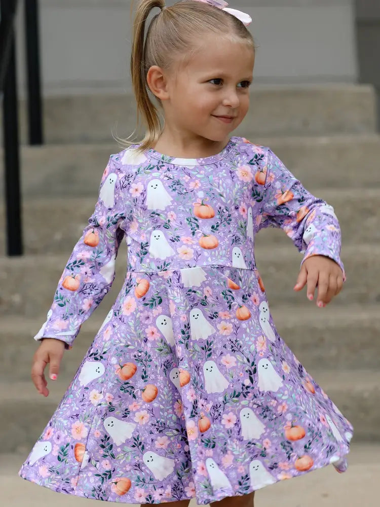 Halloween Ghost Pumpkin Girls Long Sleeve Twirl Dress - Dress