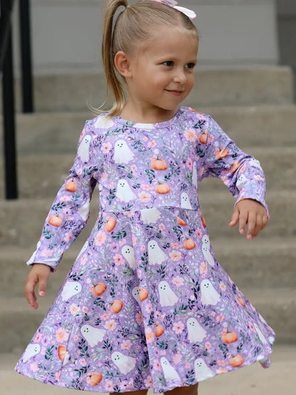 Halloween Ghost Pumpkin Girls Long Sleeve Twirl Dress - Dress