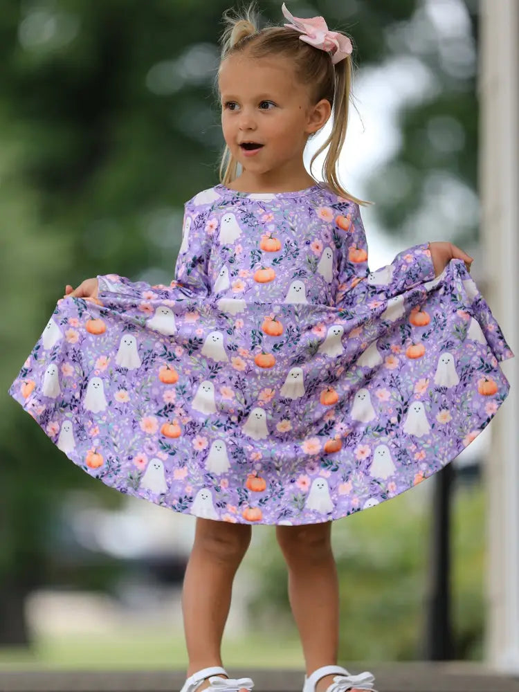 Halloween Ghost Pumpkin Girls Long Sleeve Twirl Dress - Dress