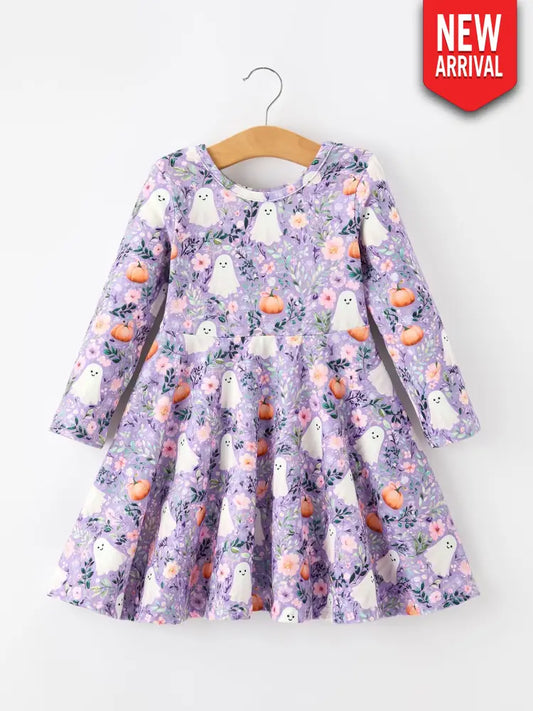 Halloween Ghost Pumpkin Girls Long Sleeve Twirl Dress - Dress