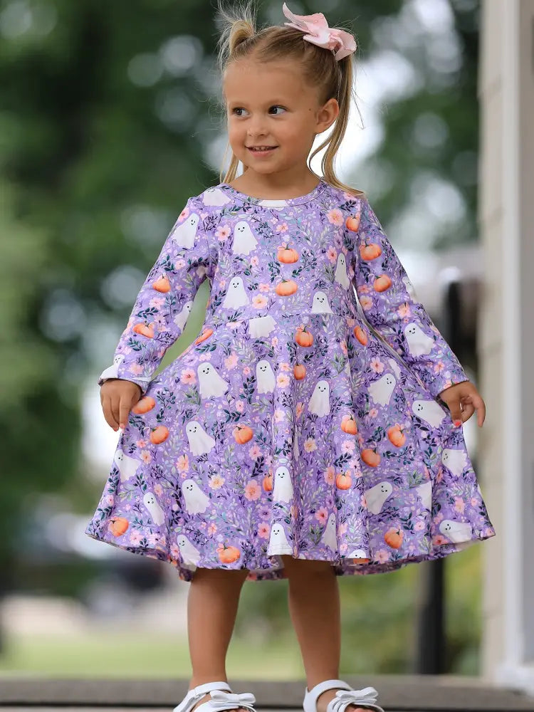 Halloween Ghost Pumpkin Girls Long Sleeve Twirl Dress - Dress