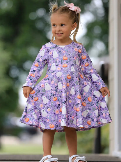 Halloween Ghost Pumpkin Girls Long Sleeve Twirl Dress - Dress