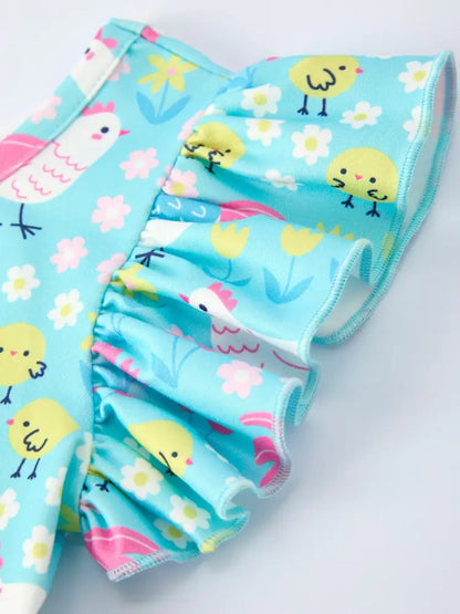 Aqua Spring Chicken Floral Farm Print Girls Dress Dress