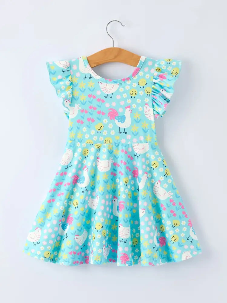 Aqua Spring Chicken Floral Farm Print Girls Dress Dress