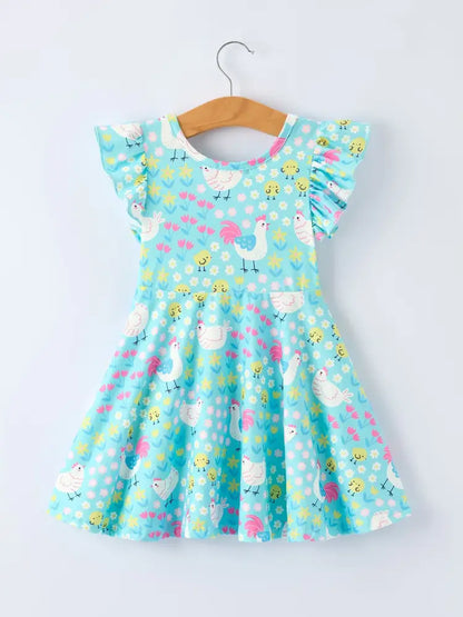Aqua Spring Chicken Floral Farm Print Girls Dress Dress