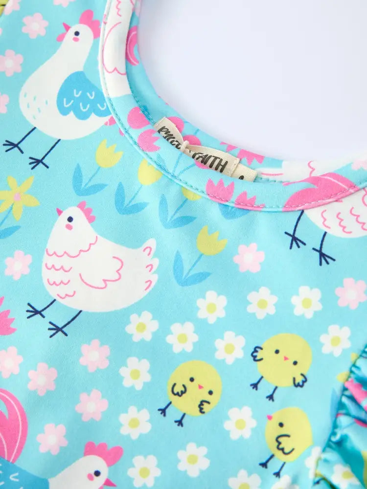 Aqua Spring Chicken Floral Farm Print Girls Dress Dress