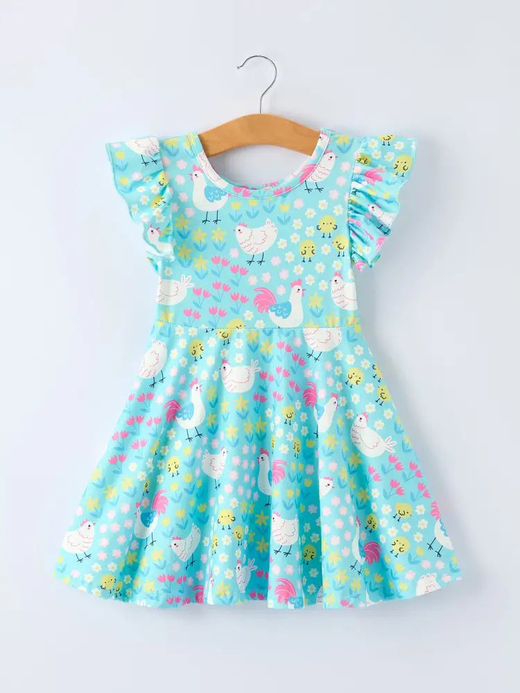 Aqua Spring Chicken Floral Farm Print Girls Dress Dress