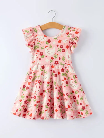 Spring Chicken Floral Farm Print Girls Dress - Dress