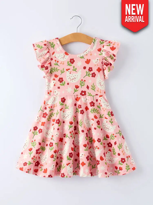 Spring Chicken Floral Farm Print Girls Dress - Dress