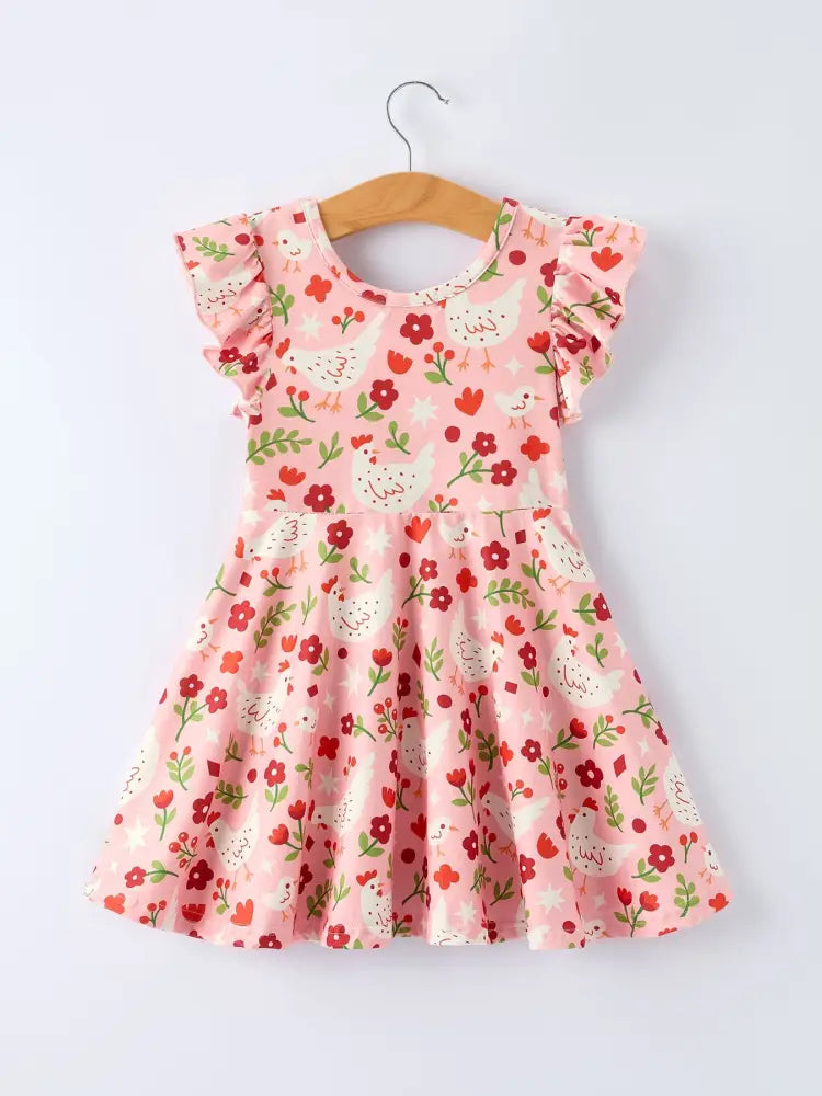 Spring Chicken Floral Farm Print Girls Dress - Dress