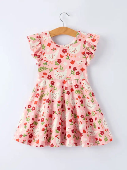 Spring Chicken Floral Farm Print Girls Dress - Dress