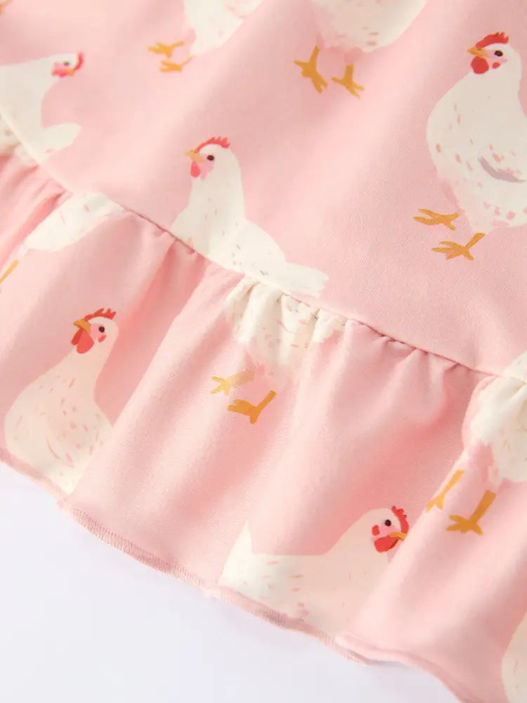 Farm Spring Chicken Print Girls Ruffle Dress Dress