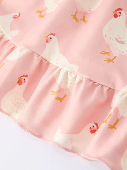 Farm Spring Chicken Print Girls Ruffle Dress Dress