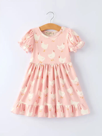 Farm Spring Chicken Print Girls Ruffle Dress Dress