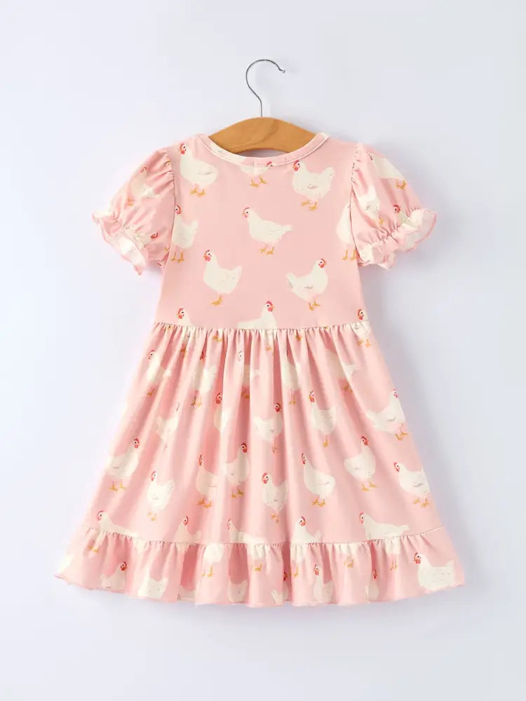 Farm Spring Chicken Print Girls Ruffle Dress Dress