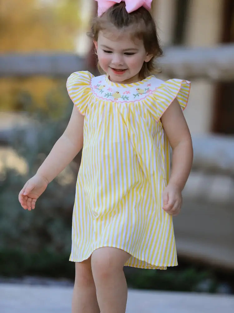 Spring/Summer Chick Floral Embroidery Smocking Girls Dress - Dress